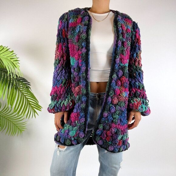 Vintage 80s Retro Chunky Knit Oversized Grandma Sweater Crochet Cardigan / Large - Picture 5 of 7